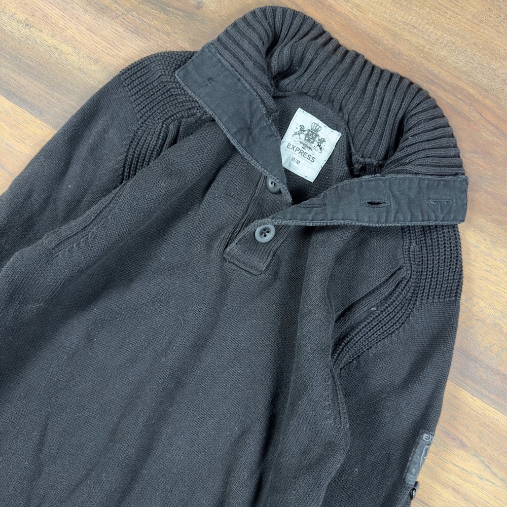 Y2K Express Mens Black Mock Neck Button Placket Cotton Knit Sweater Size Medium
